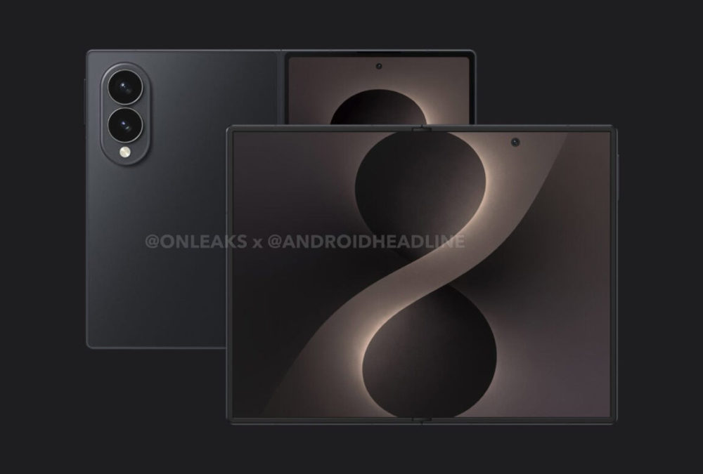 Samsung Galaxy Z Fold 8 Wide filtra su diseño: así será el plegable más ambicioso Smartphone plegable oscuro con diseño de dos cámaras y pantalla amplia. Imagen de dispositivo móvil avanzado.