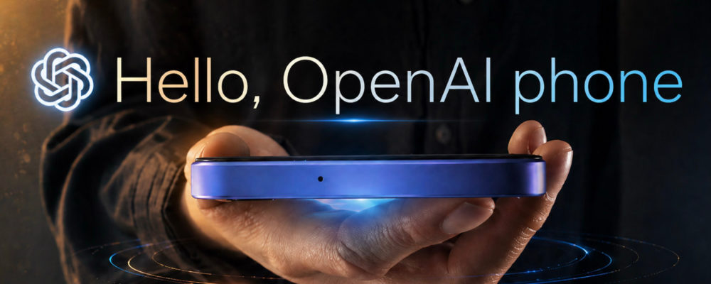 Mano sosteniendo un teléfono inteligente de OpenAI con texto Hello, OpenAI phone iluminado en fondo oscuro.