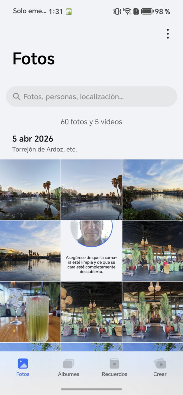 Vista previa de fotos y videos tomados el 5 de abril de 2026 en Torrejón de Ardoz, mostrando paisajes y un restaurante.