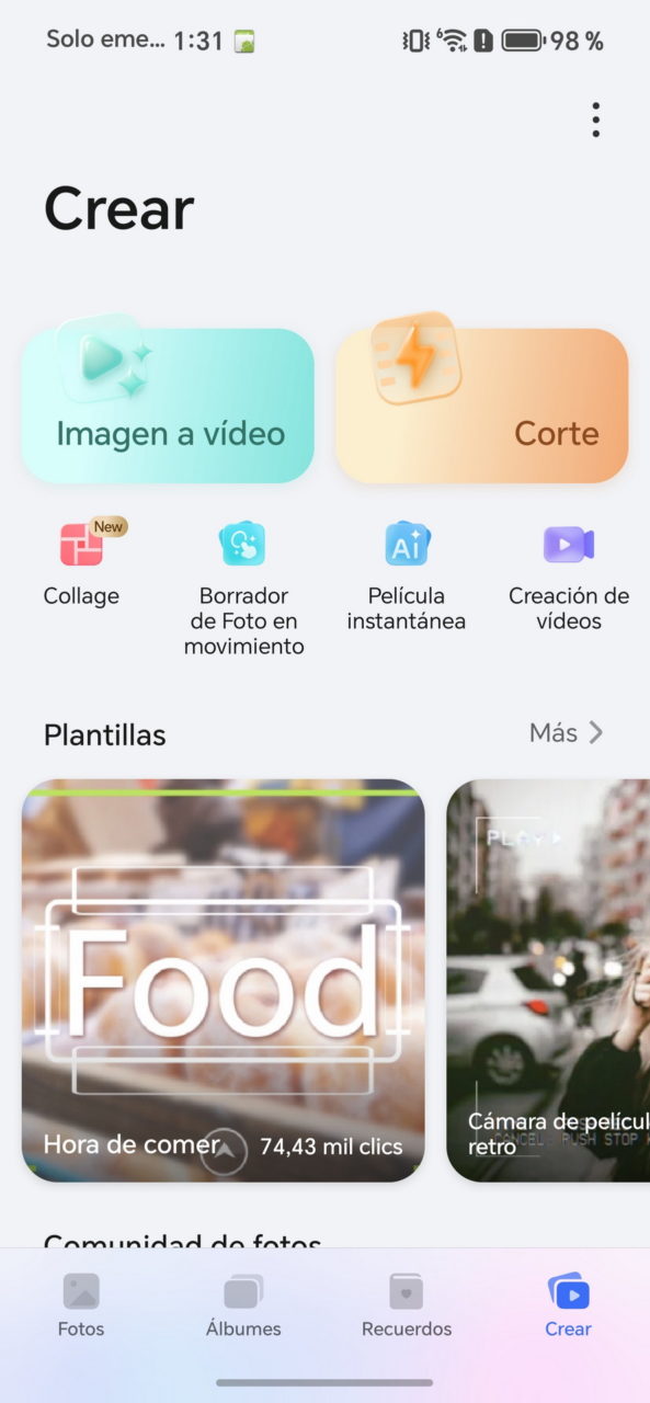 Aplicación de edición de fotos y videos con opciones de collage, plantillas y creación de videos.