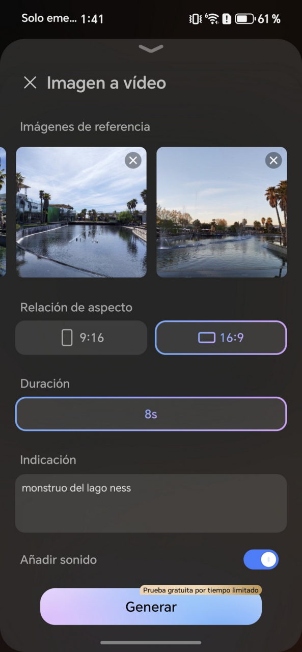 Interfaz de creación de video con imágenes de referencia de un lago, opción de aspecto 16:9, duración 8s.