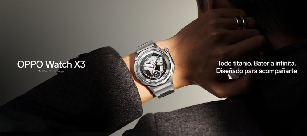 Reloj inteligente OPPO Watch X3 de titanio en muñeca, pantalla elegante. Texto: batería infinita, diseño moderno.