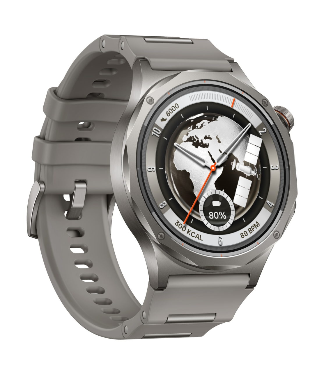 Reloj inteligente plateado con esfera que muestra la tierra, contador de pasos y monitor de salud en pantalla.