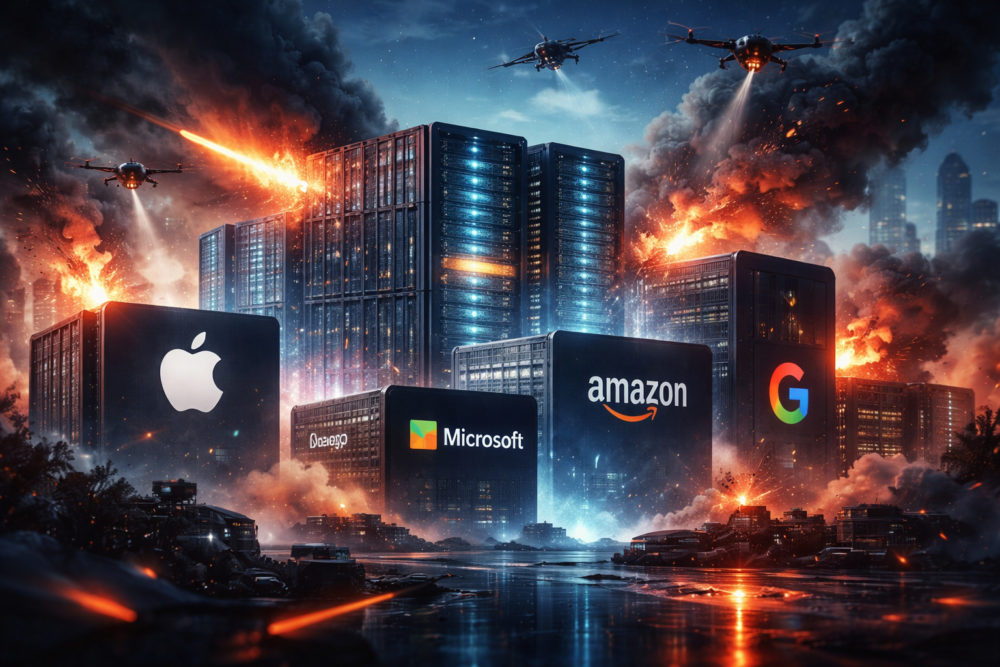 Apple, Microsoft y Amazon bajo la amenaza de Irán Edificios tecnológicos en llamas con logotipos de Apple, Microsoft, Amazon y Google en un entorno apocalíptico.