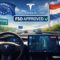 Tesla logra un hito en Europa: Países Bajos aprueba su Full Self-Driving Tesla FSD aprobado en Europa, vista desde el interior de un coche en autopista, con bandera de la UE.