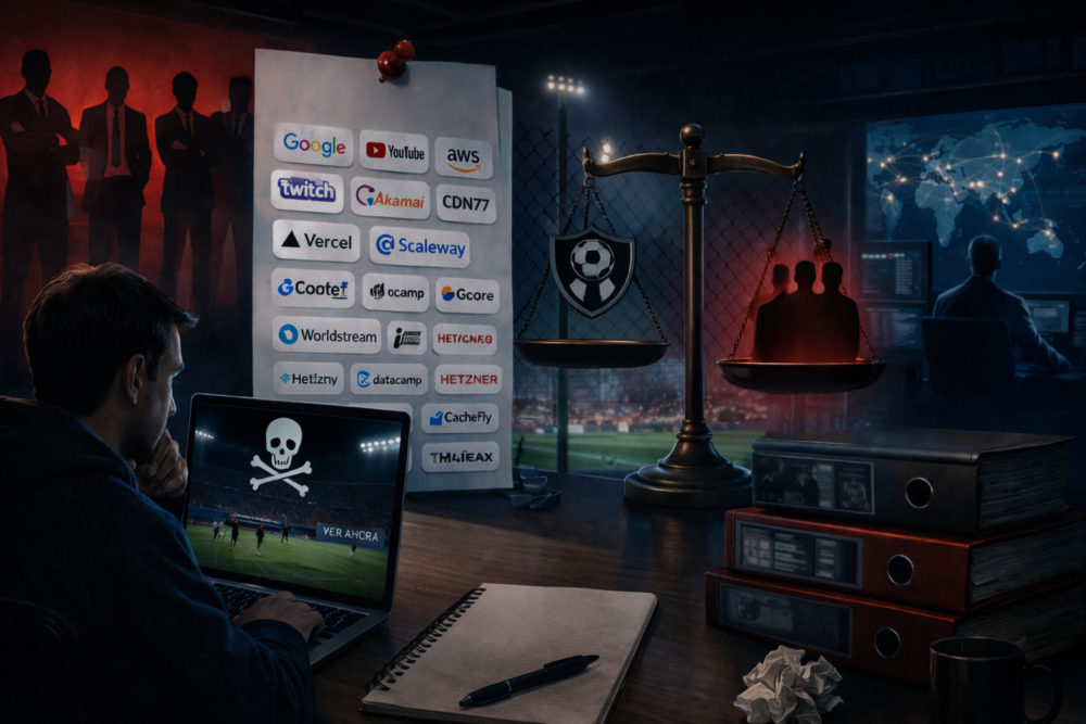 LALIGA presume de aliados tecnológicos para su ofensiva antipiratería Joven en portátil con pantalla pirata, logos de empresas e imagen de justicia en sala de control tecnológica.