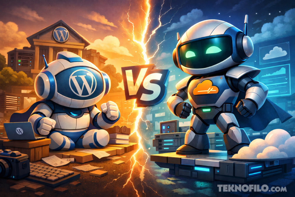 WordPress tiene nuevo rival: Cloudflare lanza EmDash con arquitectura serverless y código abierto Robots de WordPress y Cloudflare enfrentándose en un duelo tecnológico en una ilustración de estilo futurista.