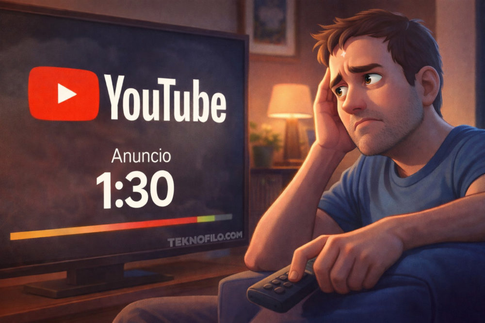YouTube prueba anuncios no saltables de hasta 90 segundos en Smart TV Hombre frustrado con anuncios de YouTube de 1 minuto y 30 segundos en la pantalla del televisor.