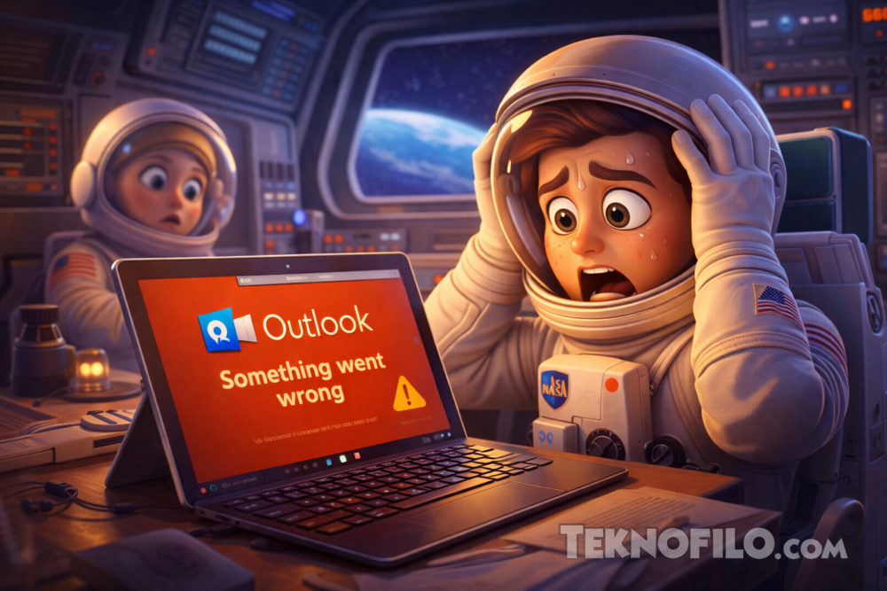 Ni en el espacio te libras de Outlook: Los astronautas de Artemis II sufren problemas informáticos Astronautas sorprendidos por error en Outlook en la pantalla de una laptop en una nave espacial.