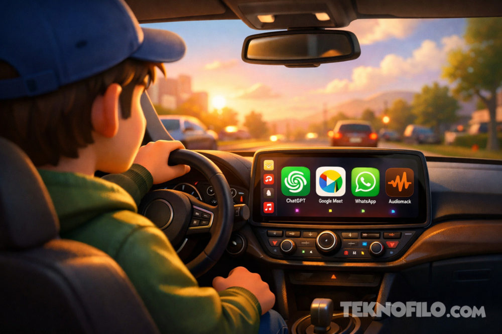 Apple CarPlay recibe dos nuevas aplicaciones y la mejor está por llegar Conductor en coche con pantalla mostrando apps como ChatGPT, Google Meet y WhatsApp al atardecer en la ciudad.