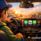 Apple CarPlay recibe dos nuevas aplicaciones y la mejor está por llegar Conductor en coche con pantalla mostrando apps como ChatGPT, Google Meet y WhatsApp al atardecer en la ciudad.