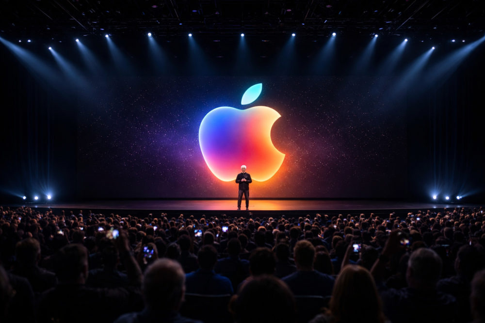 ¿Cuándo será el próximo evento de anuncio de Apple? Evento de Apple con logo iluminado en pantalla, público atento y presentador en el escenario. Tecnología e innovación.