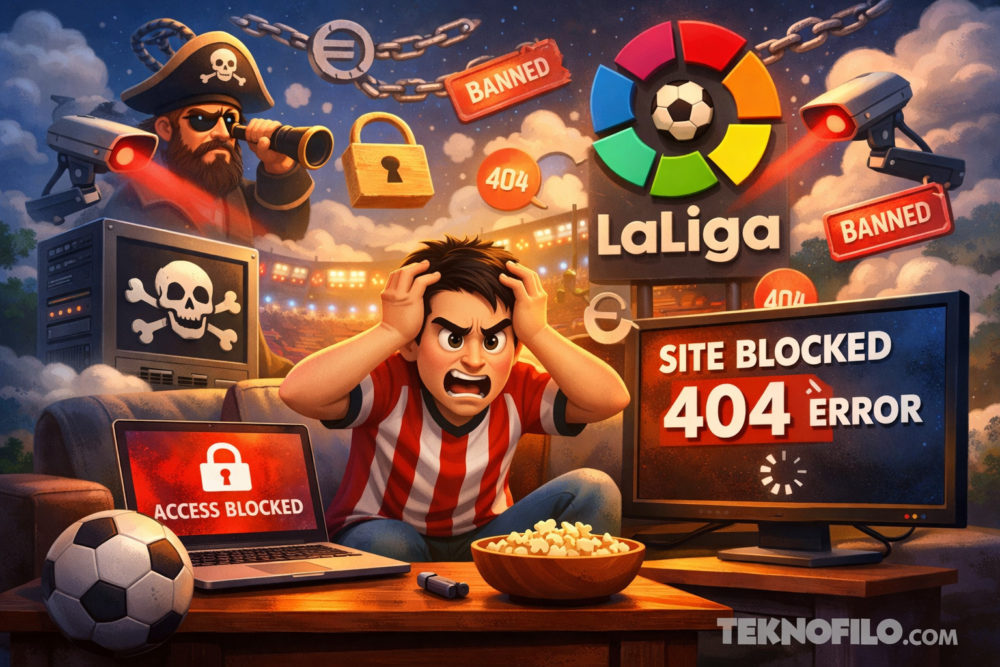 Más IA y más control: así quiere LALIGA combatir la piratería con su nuevo socio Aficionado frustrado por bloqueo de sitio de fútbol, error 404, acceso denegado, pirata y cámaras de seguridad.