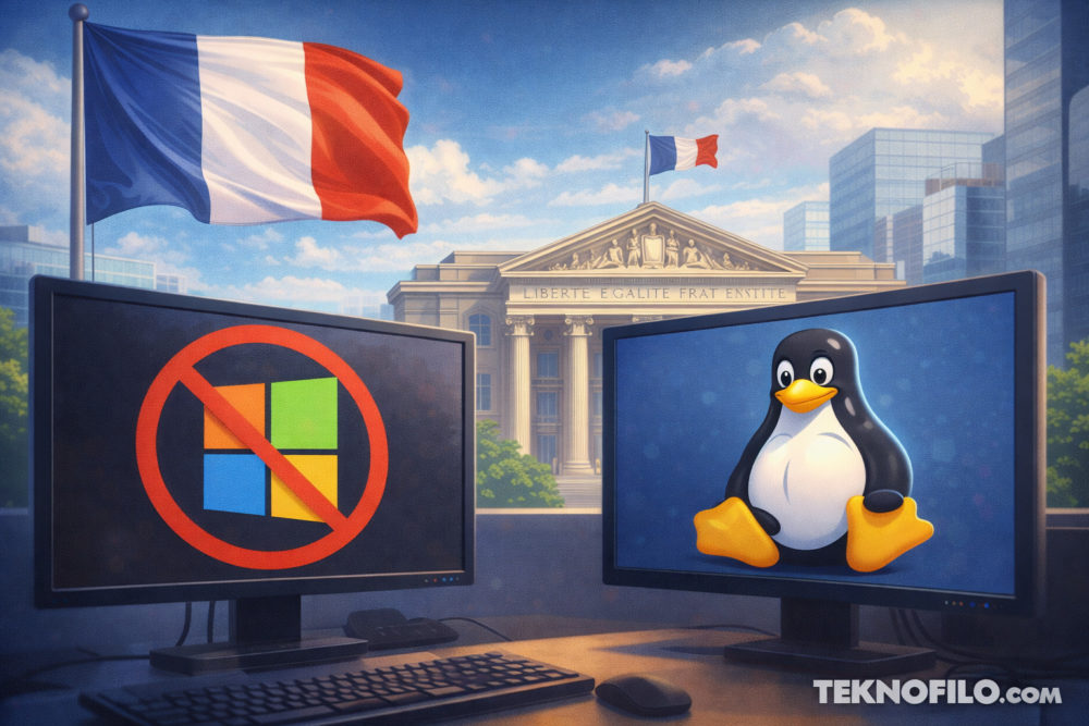 Francia dice adiós a Windows y apuesta por Linux para reforzar su soberanía digital Bandera francesa y monitores: símbolo de Linux y prohibición de Windows, edificio de gobierno al fondo.