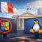 Francia dice adiós a Windows y apuesta por Linux para reforzar su soberanía digital Bandera francesa y monitores: símbolo de Linux y prohibición de Windows, edificio de gobierno al fondo.
