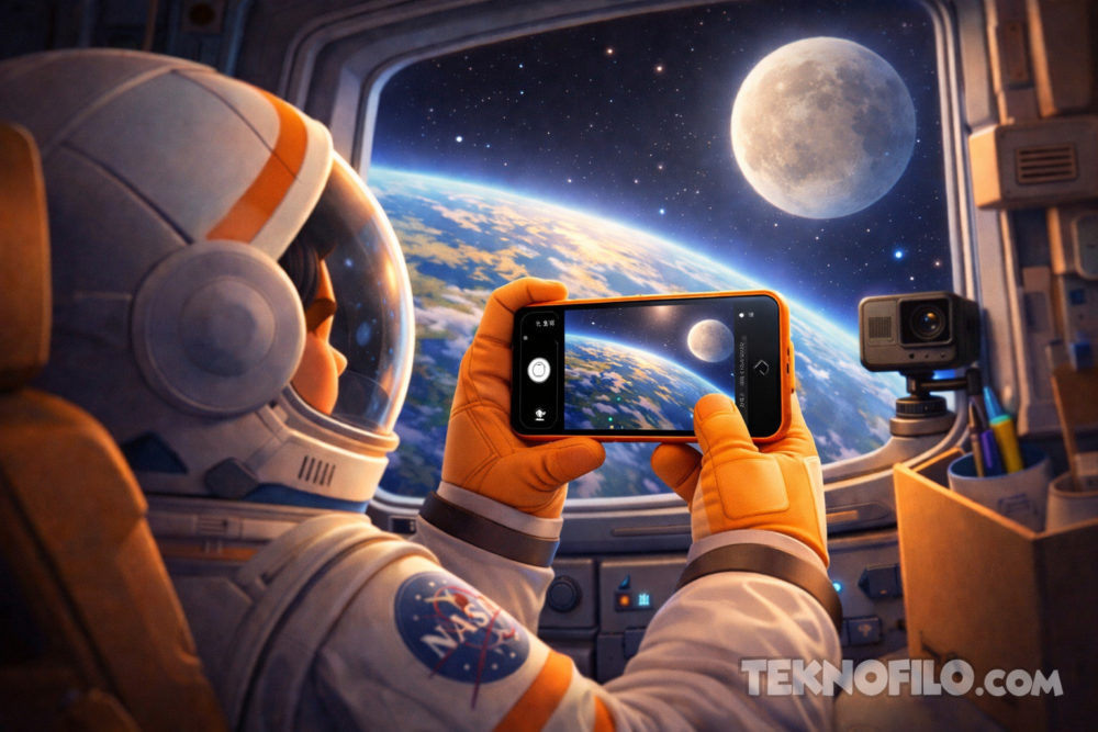 Por qué NASA ha aprobado el iPhone 17 Pro Max para la misión espacial Artemis II Astronauta fotografiando la Tierra y la Luna desde la nave espacial con su teléfono. Espacio, exploración, tecnología.