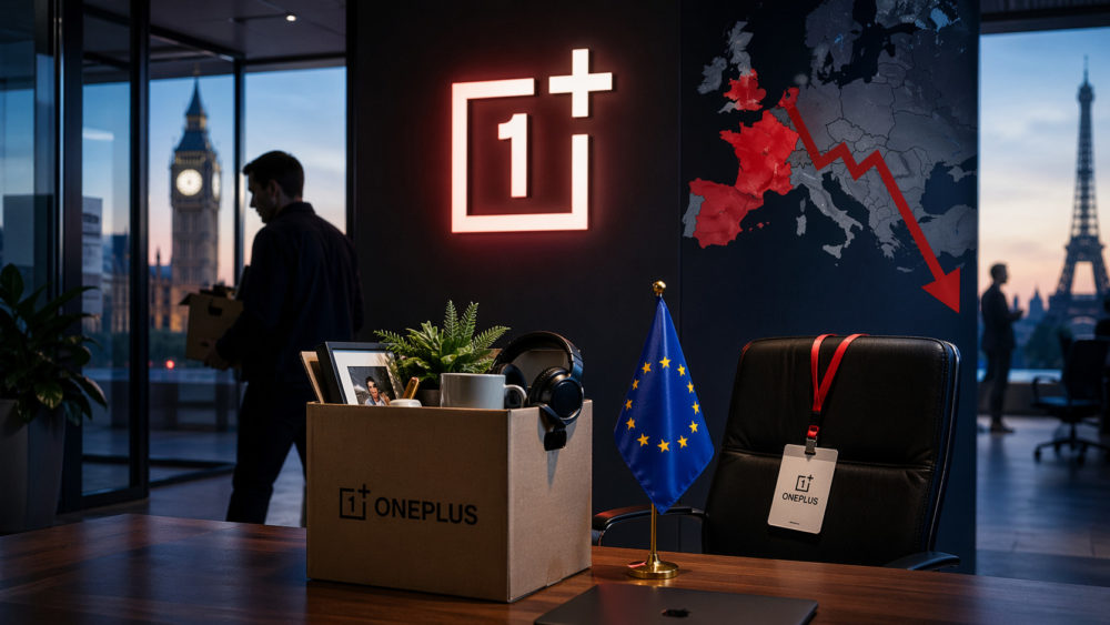 Oficina de OnePlus con bandera de la UE, mapa de Europa y cajas de mudanza. Fondos de París y Londres al atardecer.