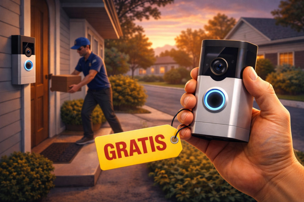Por qué esta ciudad repartirá gratuitamente cámaras Ring de videovigilancia entre sus vecinos Cámara de seguridad inteligente con instalación gratuita, capturando la entrega de paquetes en casa.