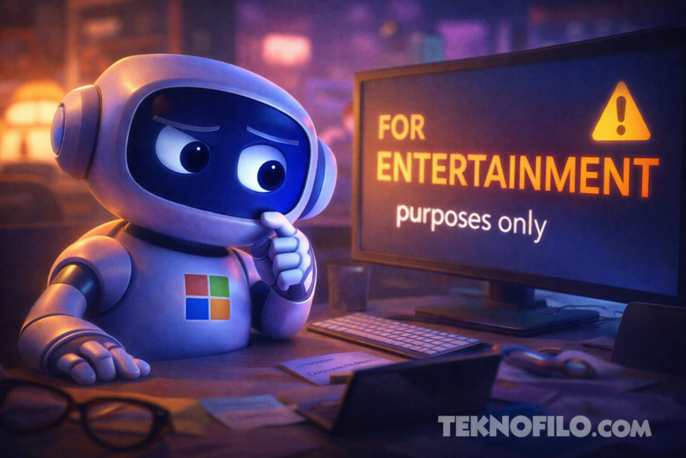 Microsoft admite que Copilot es “solo para fines de entretenimiento” en sus términos de uso Robot pensativo frente a pantalla de computadora que muestra solo para entretenimiento.