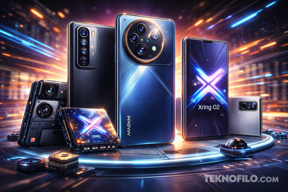 Filtrados los planes de Xiaomi para su gama alta en 2026 Varios teléfonos inteligentes modernos y sus componentes destacan con luces futuristas y diseño elegante.