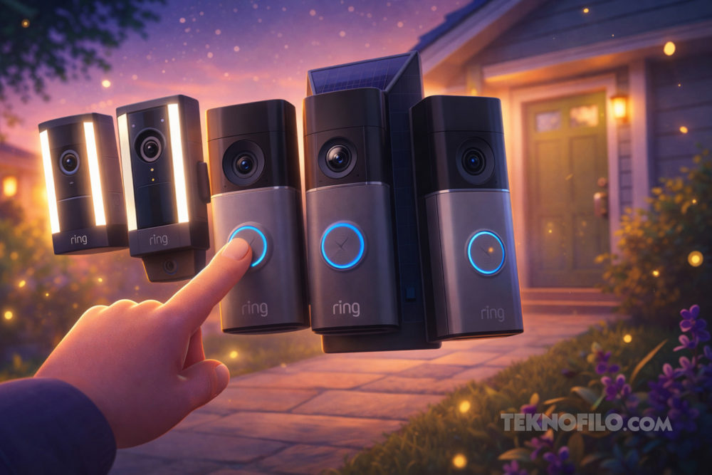 Ring eleva el listón: nuevos videotimbres 2K y 4K con batería y cámara avanzada Timbre inteligente Ring con cámara de seguridad y luces activadas en una puerta de casa iluminada al anochecer.