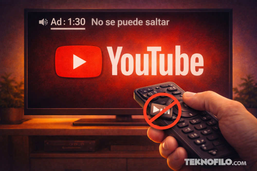 YouTube niega los anuncios de 90 segundos no saltables, pero hay dudas Anuncio en YouTube sin opción de salto, control remoto con botón deshabilitado, pantalla con logo de YouTube.