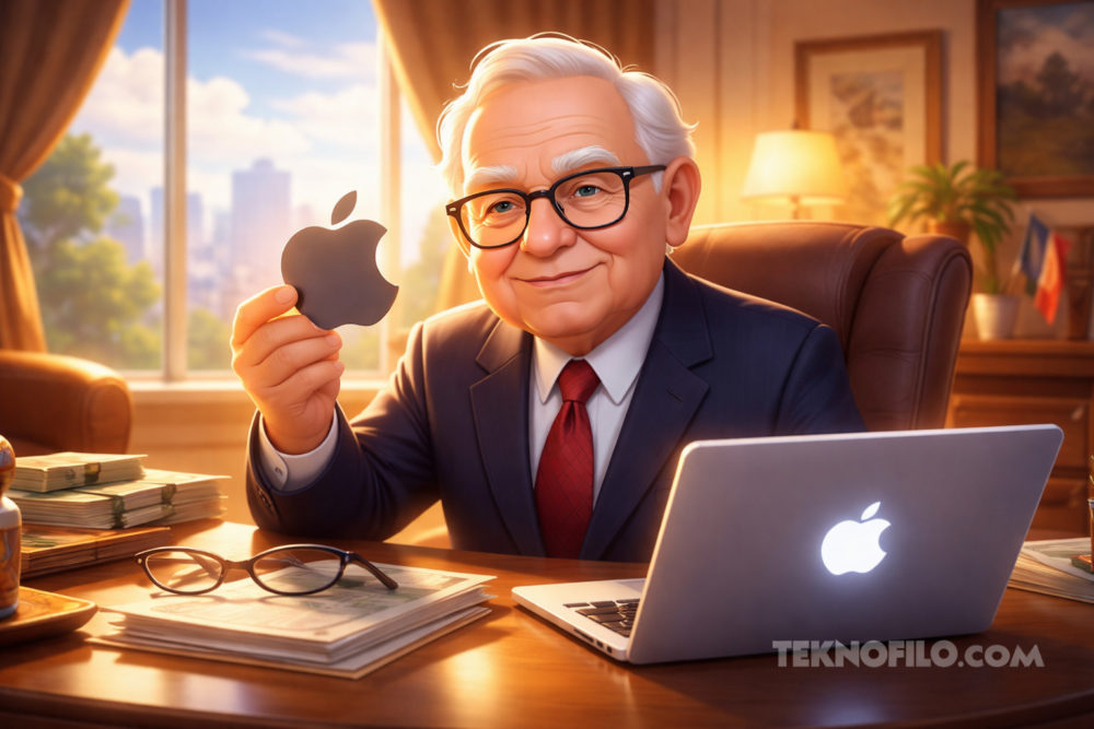 Warren Buffett admite que vendió Apple demasiado pronto y lanza un mensaje al mercado Hombre mayor con gafas sostiene logo de Apple, sentado en oficina con laptop y luz de fondo.