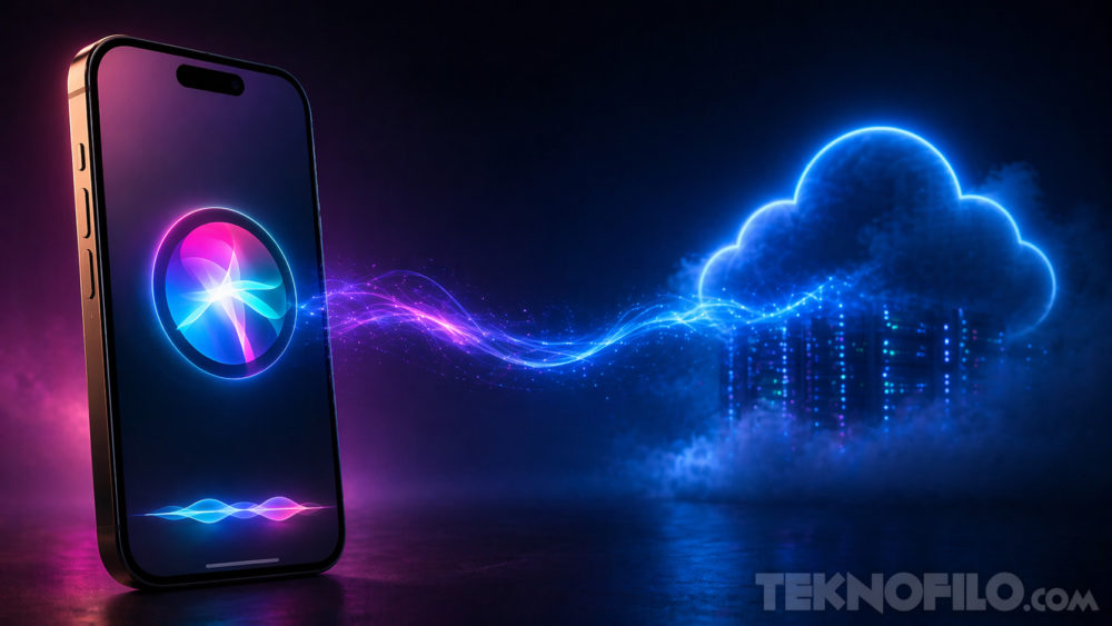 Google confirma que el nuevo Siri impulsado por Gemini llegará este año Smartphone conectado a la nube con datos digitales y luz neón. Tecnología avanzada e inteligencia artificial.