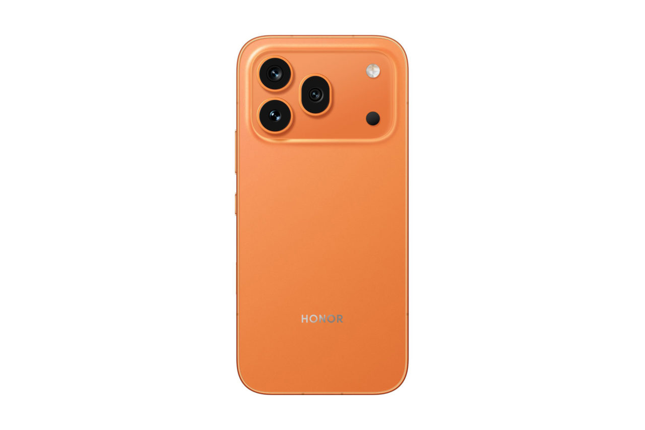 Smartphone Honor naranja con triple cámara trasera, diseño moderno y elegante. Ideal para fotografía avanzada.