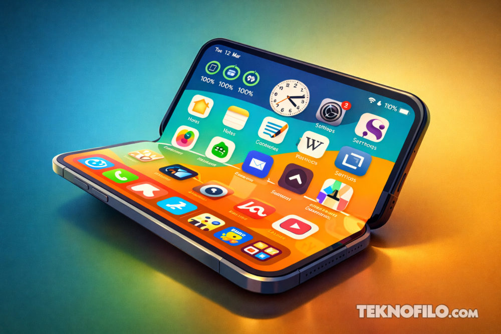 Apple prepara un iPhone Ultra plegable: Características filtradas y precio Smartphone plegable con pantalla dual mostrando aplicaciones coloridas sobre fondo degradado.
