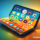 Smartphone plegable con pantalla dual mostrando aplicaciones coloridas sobre fondo degradado.