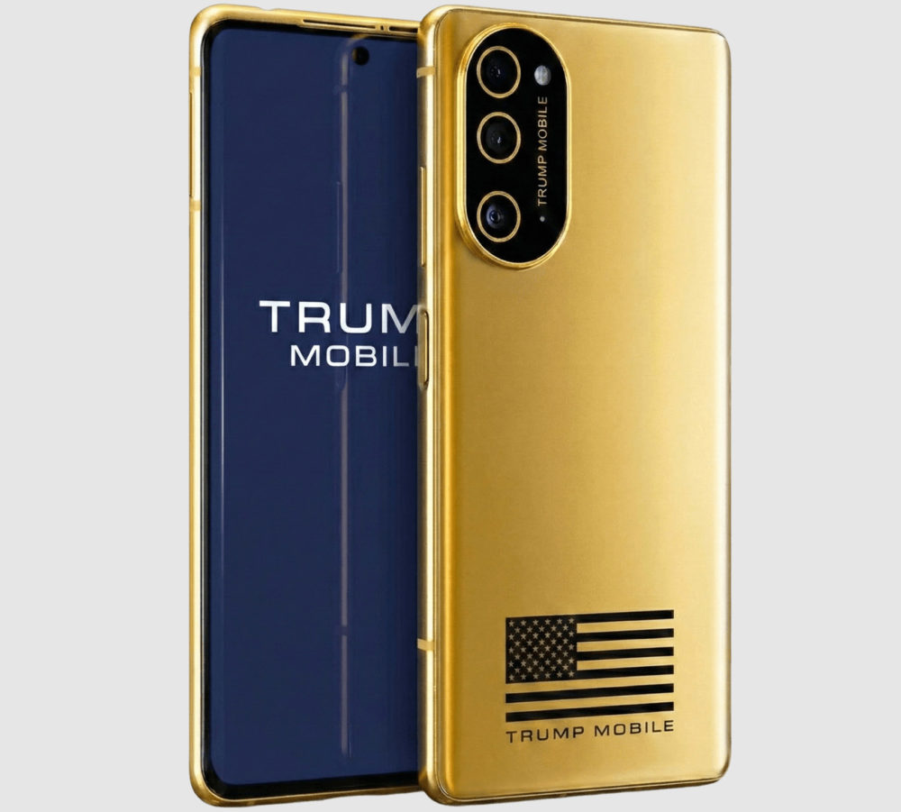 Teléfono móvil dorado Trump Mobile con triple cámara y diseño de bandera estadounidense.