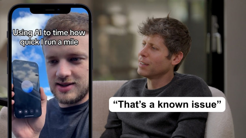 Sam Altman reacciona en directo a un vídeo viral de una alucinación de ChatGPT Hombre usando IA para medir tiempo de carrera con móvil, otro hombre lo observa y comenta Eso es un problema conocido.