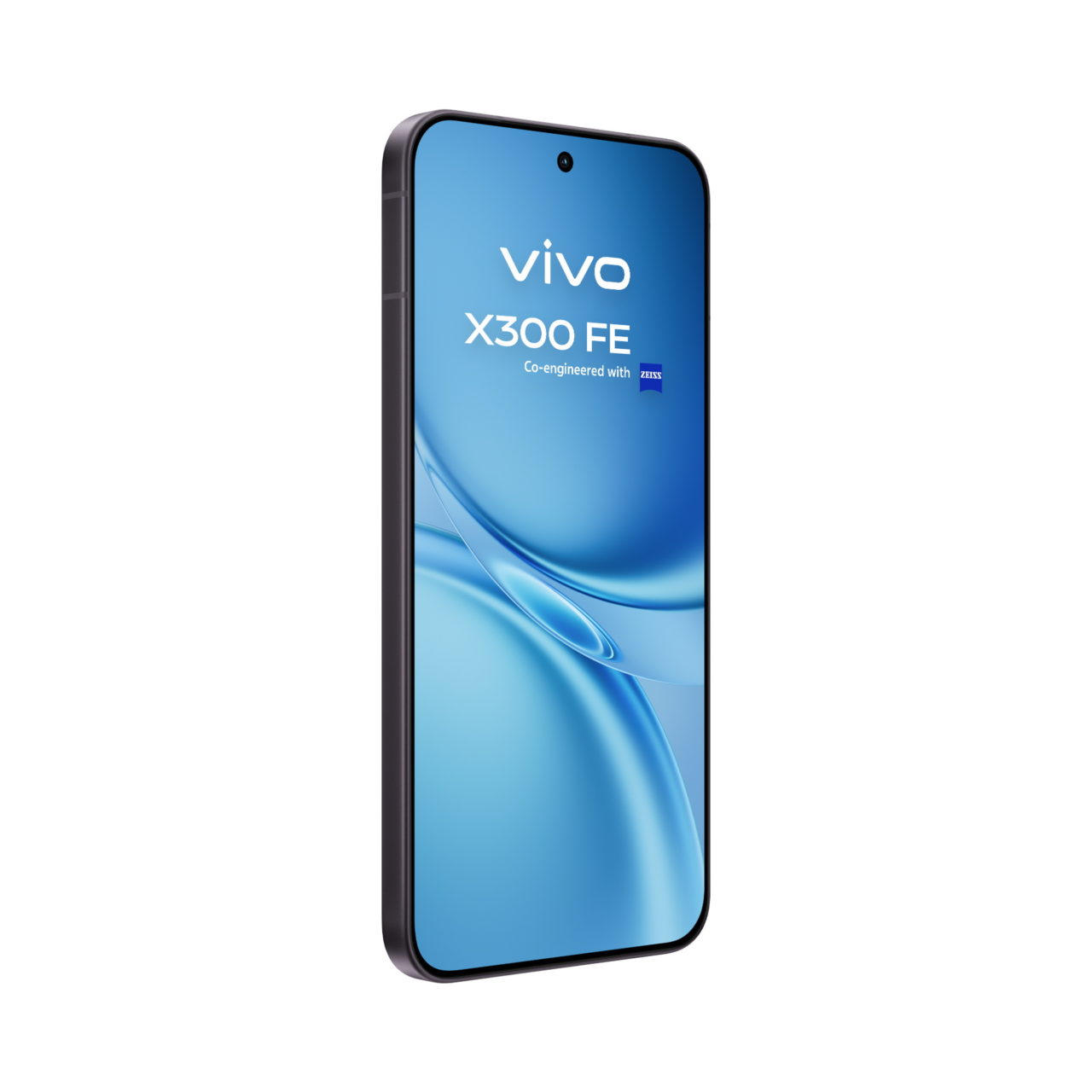Smartphone Vivo X300 FE con pantalla azul y diseño elegante, co-desarrollado con tecnología Zeiss.