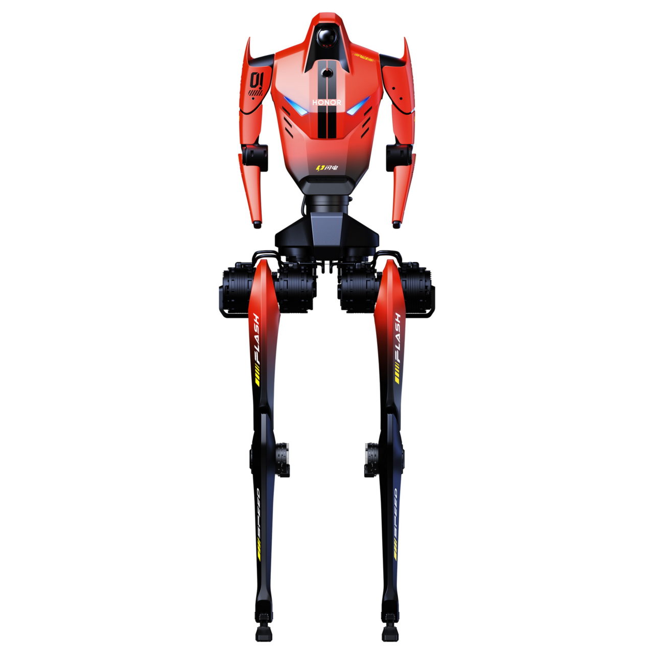 Robot bípedo estilizado rojo y negro, diseño futurista con logotipos, sobre fondo blanco.