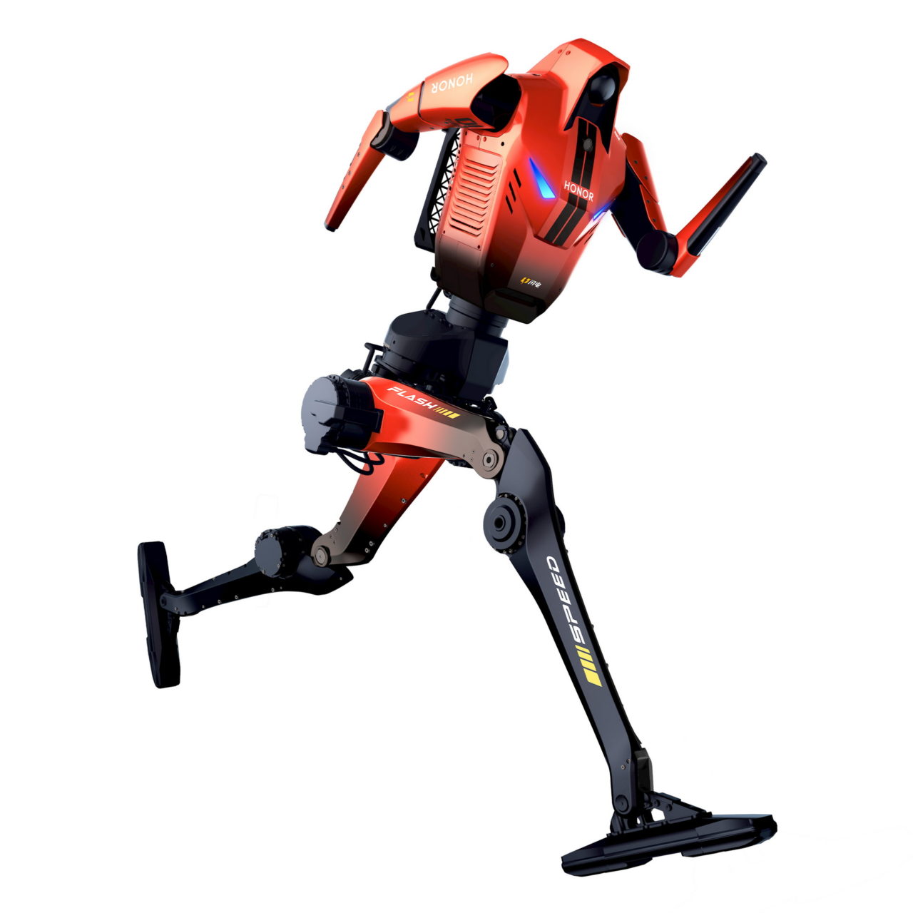 Robots humanoides corriendo con estructura mecánica avanzada y diseño futurista en color rojo.