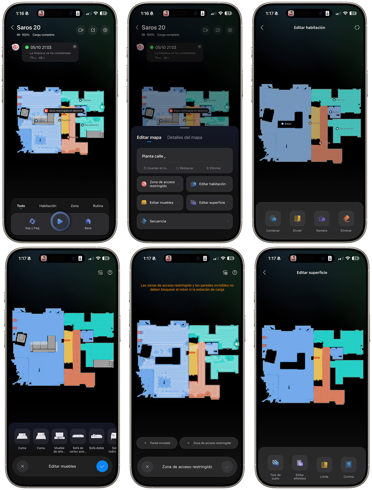 Aplicación en smartphone mostrando el mapa de limpieza y opciones de edición para un robot de limpieza.