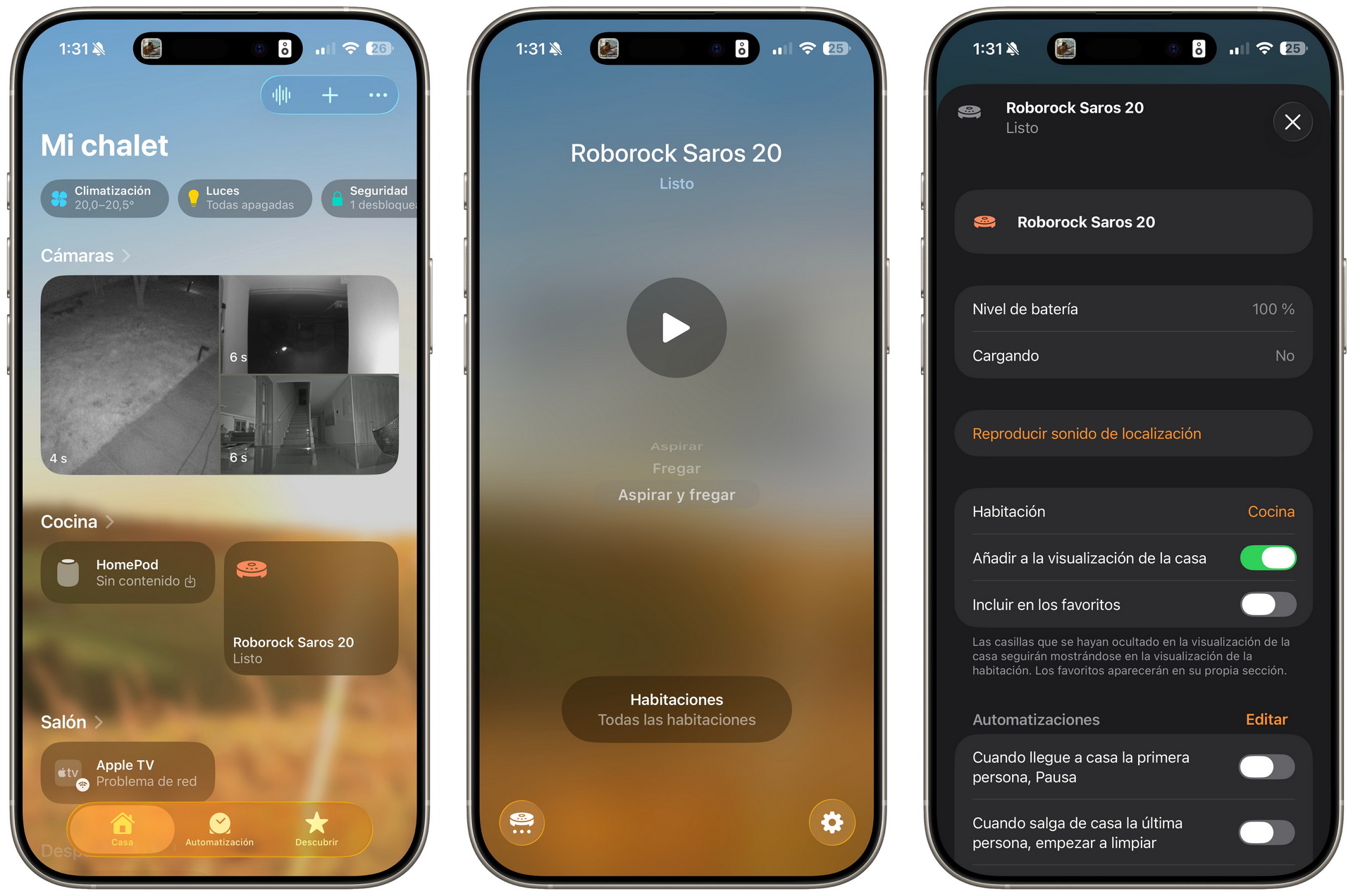 Interfaz de app para controlar dispositivos inteligentes, cámaras y robot aspirador Roborock en un iPhone.