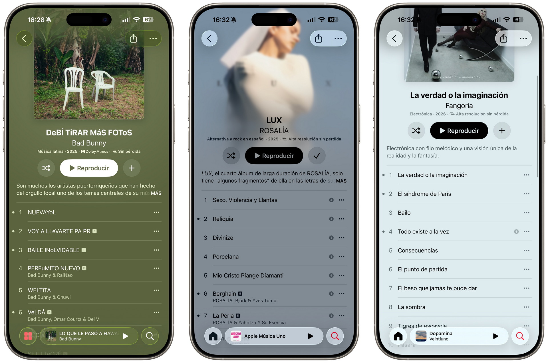 Tres pantallas de iPhone mostrando listas de reproducción de música de Bad Bunny, Rosalía y Fangoria en una aplicación.