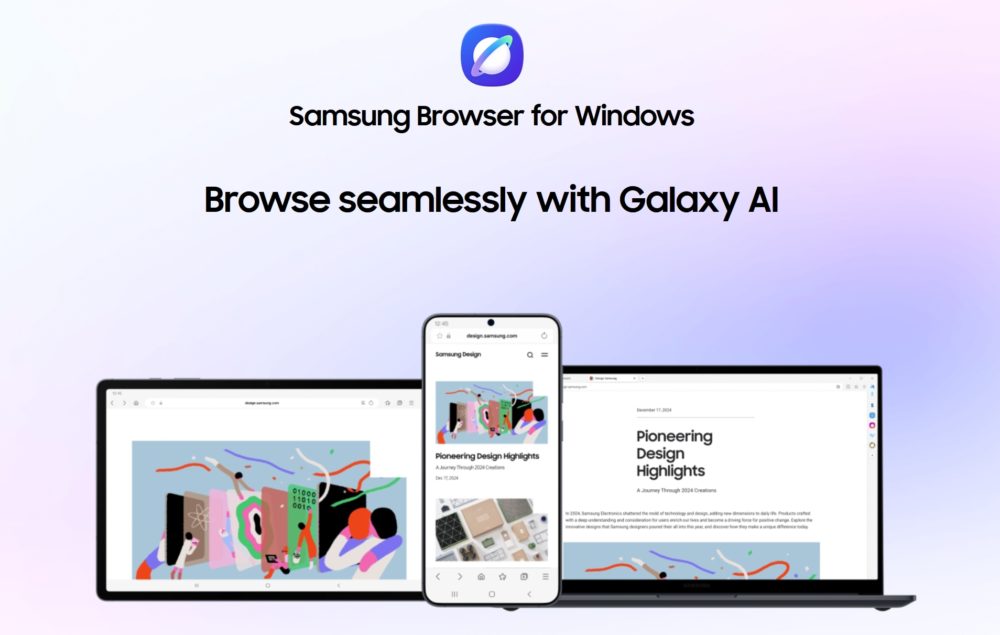Samsung Internet llega a Windows: el navegador ideal si tienes un móvil Galaxy Navegador Samsung para Windows con integración de Galaxy AI en dispositivos, visualización de diseño web.