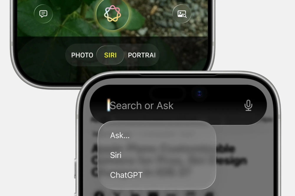 Pantalla de iPhone mostrando opciones de búsqueda: Siri, ChatGPT y funciones de cámara.