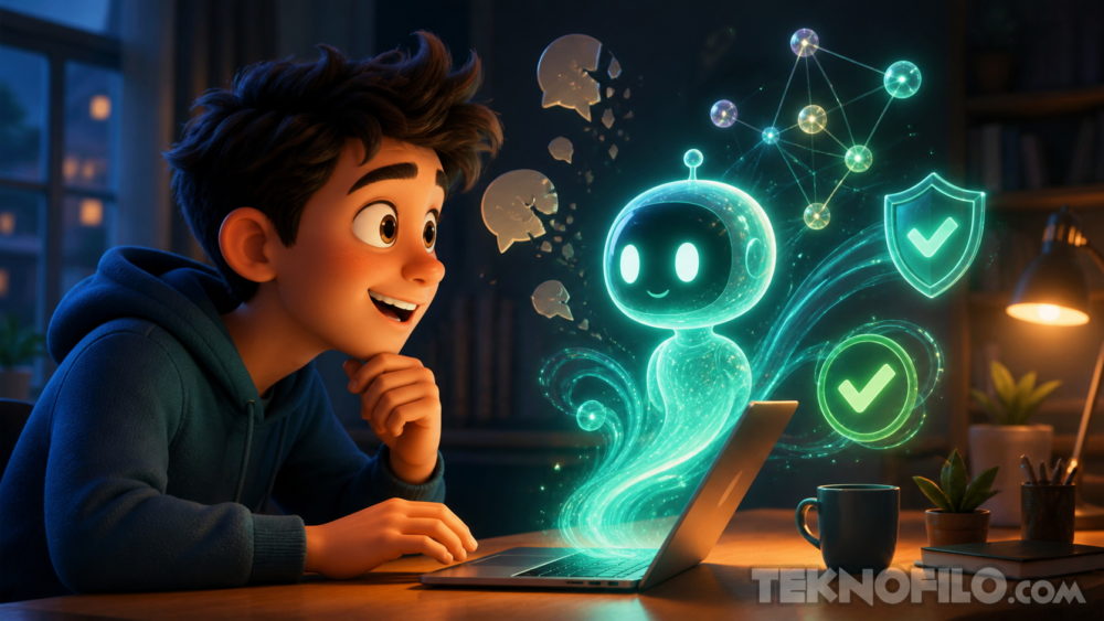 ChatGPT se actualiza con mejores respuestas, menos errores y nuevas fuentes de memoria Joven emocionado interactúa con IA holográfica en su laptop, mostrando gráficos y seguridad en el escritorio.