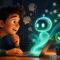 Joven emocionado interactúa con IA holográfica en su laptop, mostrando gráficos y seguridad en el escritorio.
