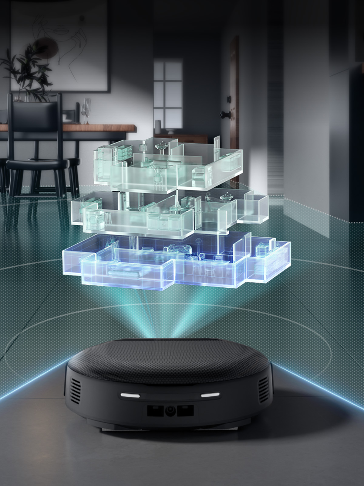 Robot aspirador mapeando un hogar con tecnología láser en un entorno doméstico moderno.