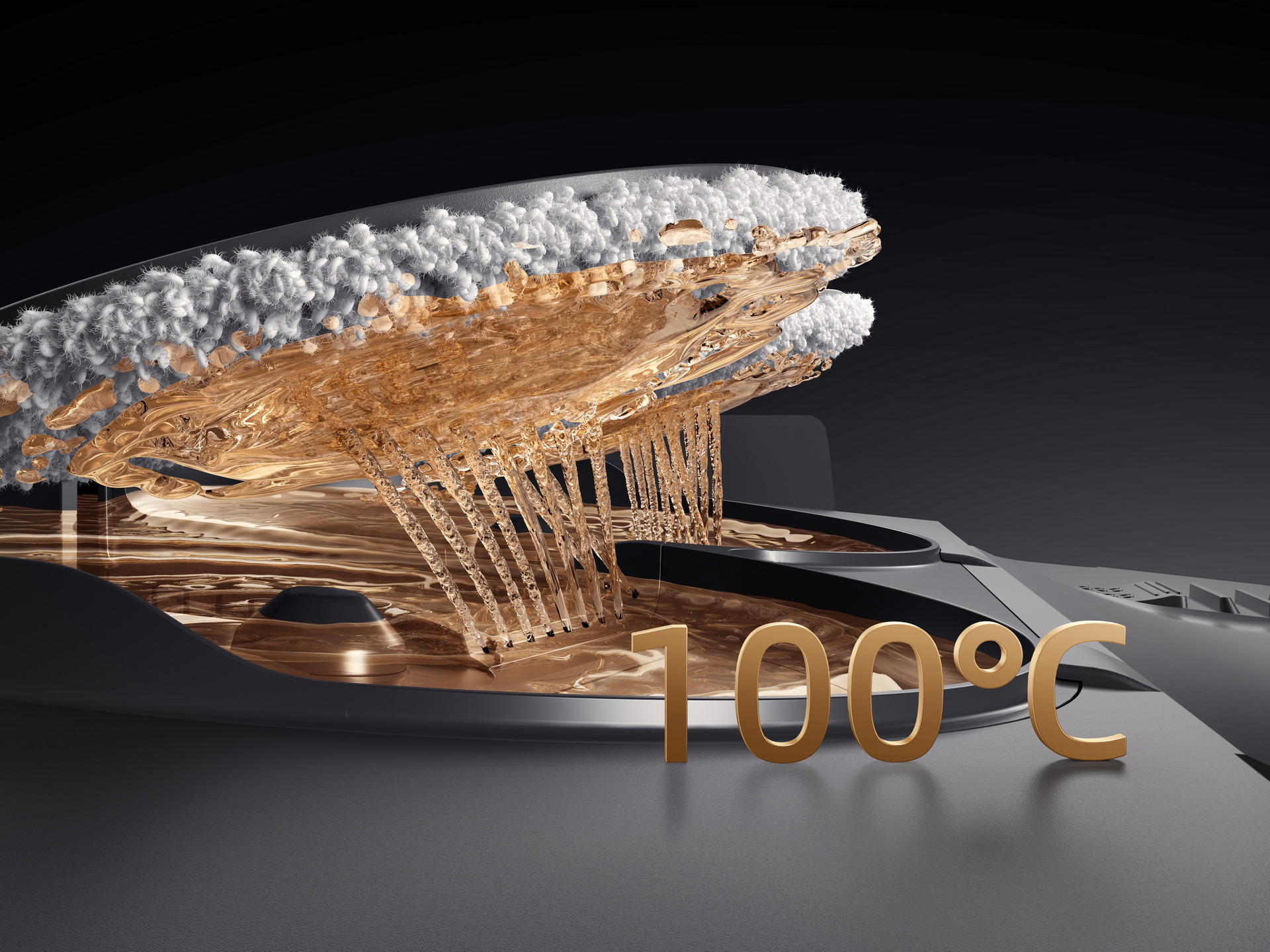 Representación 3D de un proceso a 100°C con líquidos y estructura interna innovadora.