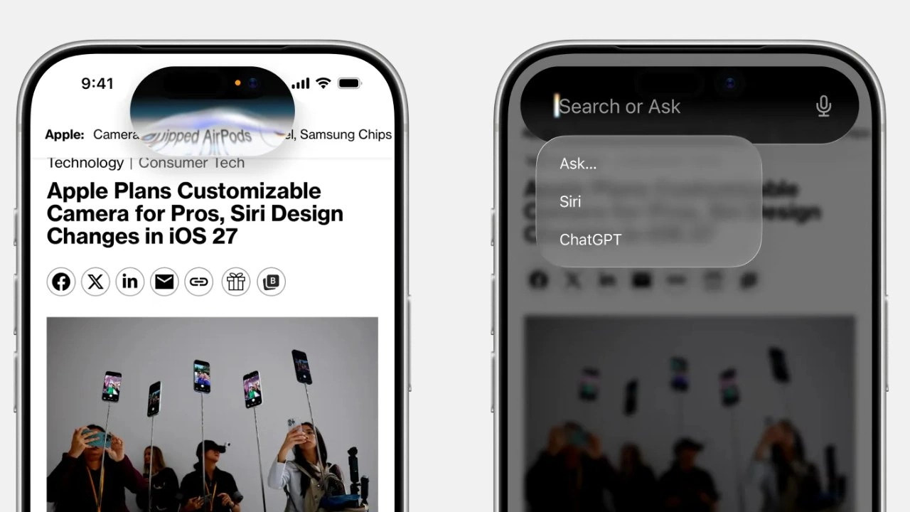 Dos iPhones con artículos sobre iOS 27 y opciones de búsqueda avanzada como “Siri” y “ChatGPT”.