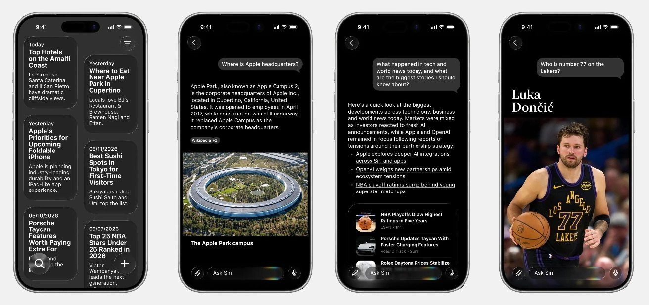 Cuatro pantallas de iPhone mostrando artículos y consultas sobre tecnología, deportes y noticias con Siri.