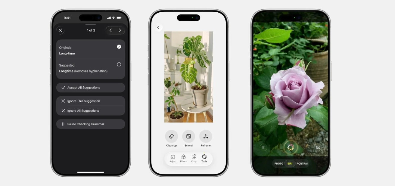 Tres smartphones mostrando edición de texto, planta y rosa en pantalla blanca. Tecnología de edición y fotografía.