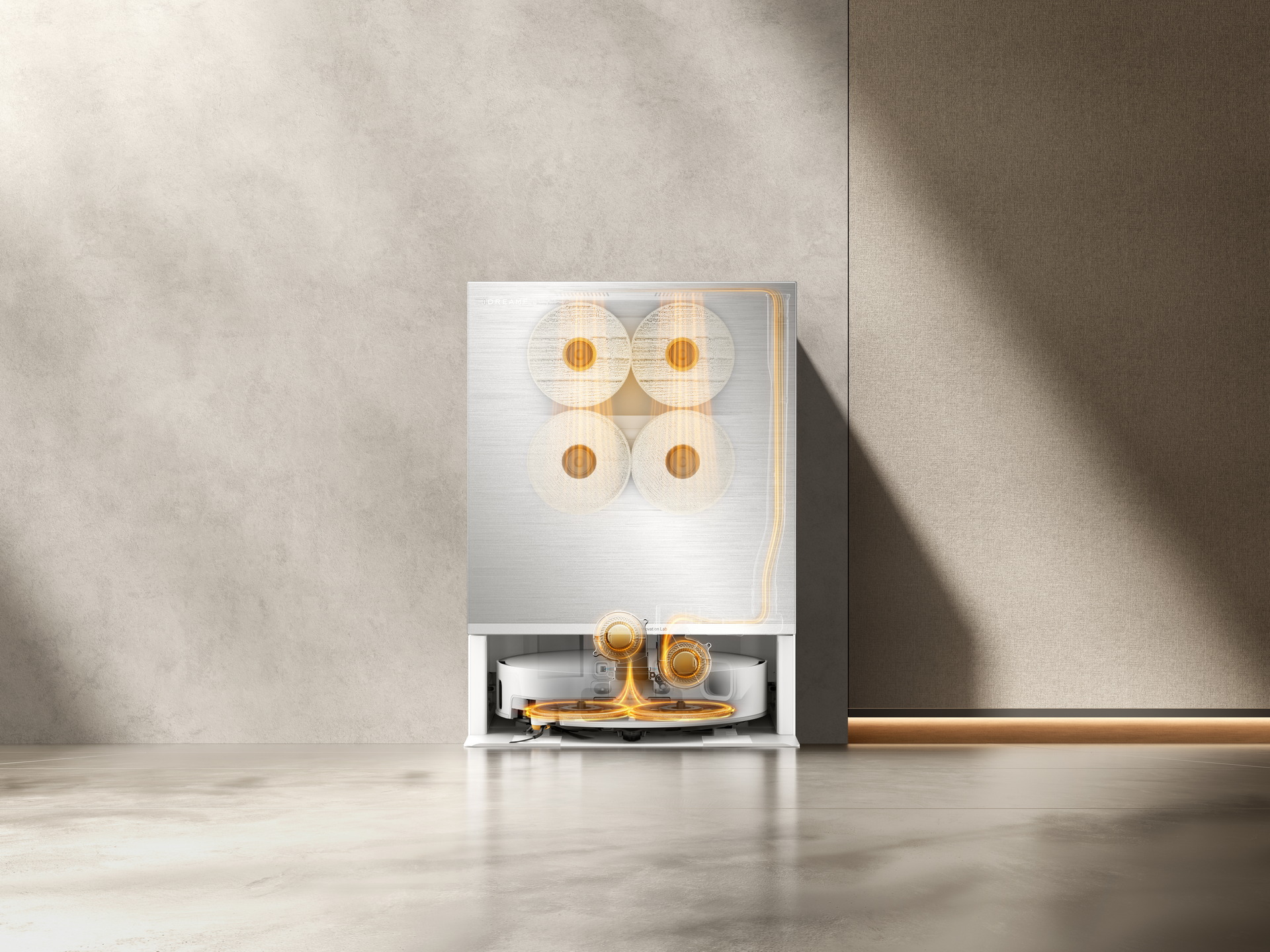 Purificador de aire moderno con tecnología avanzada en un espacio minimalista y elegante.