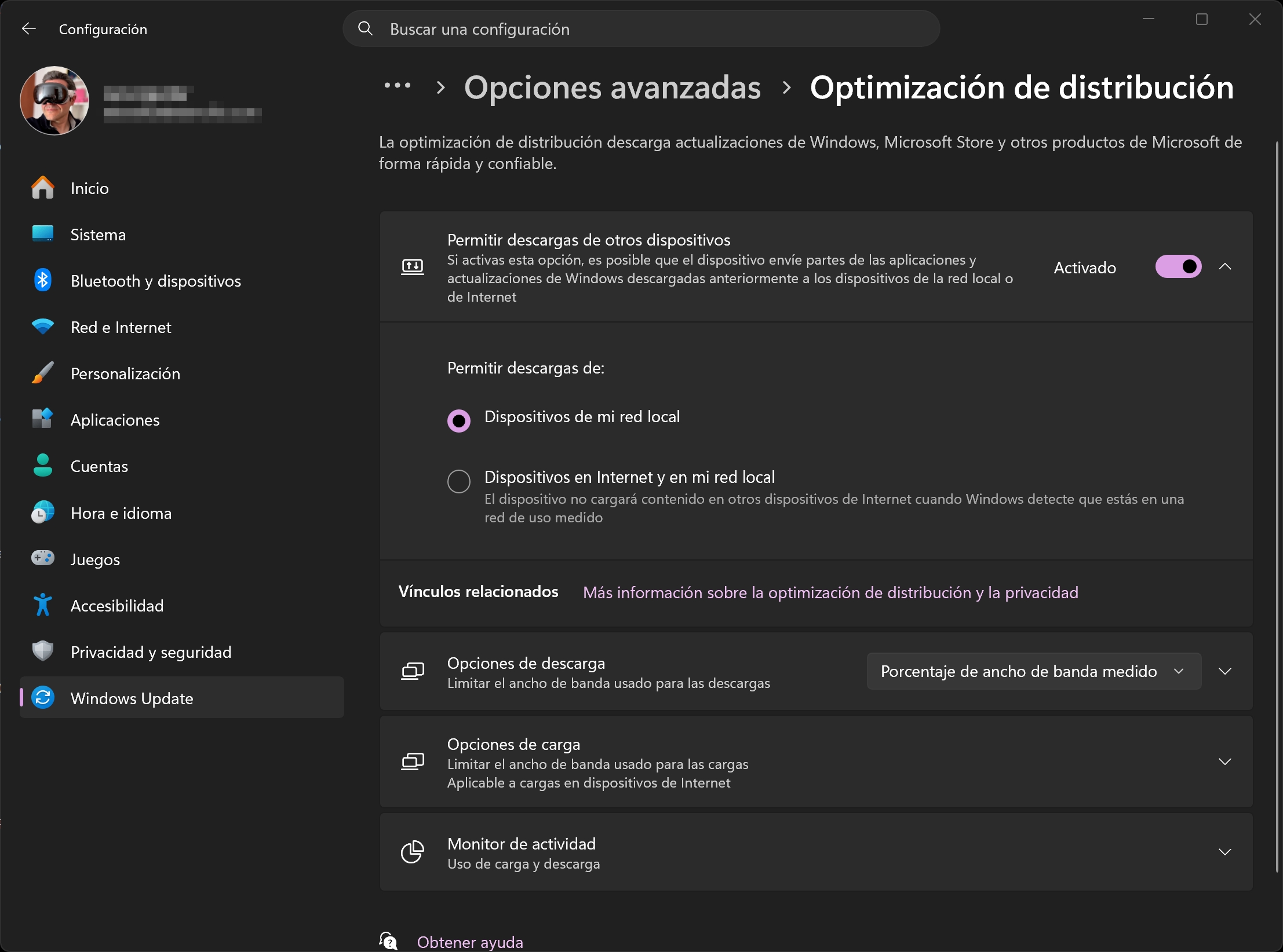 Configuración de Windows mostrando opciones de optimización de distribución y descarga en red local e Internet.